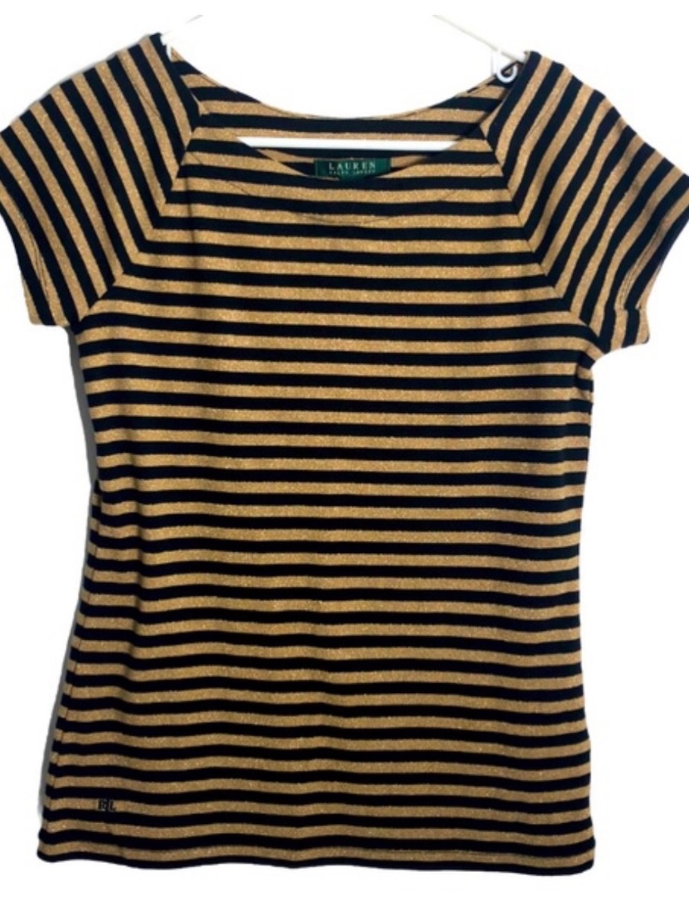Lauren Ralph Lauren Black and Gold Stripe Short Sleeve Top size L